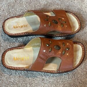 Alegria Tan Leather Slide Sandals